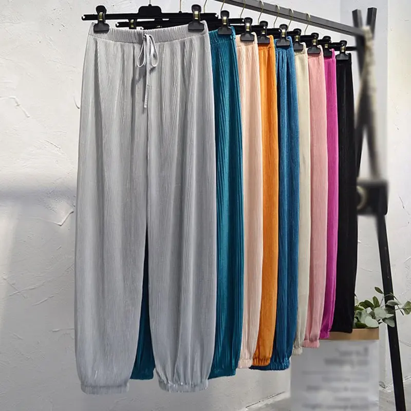 

2021 Beam Foot Hundred Pleated Lanterns Pants Women's High Waist Leaps Women Fashion Summer Chiffon Loose Trousers