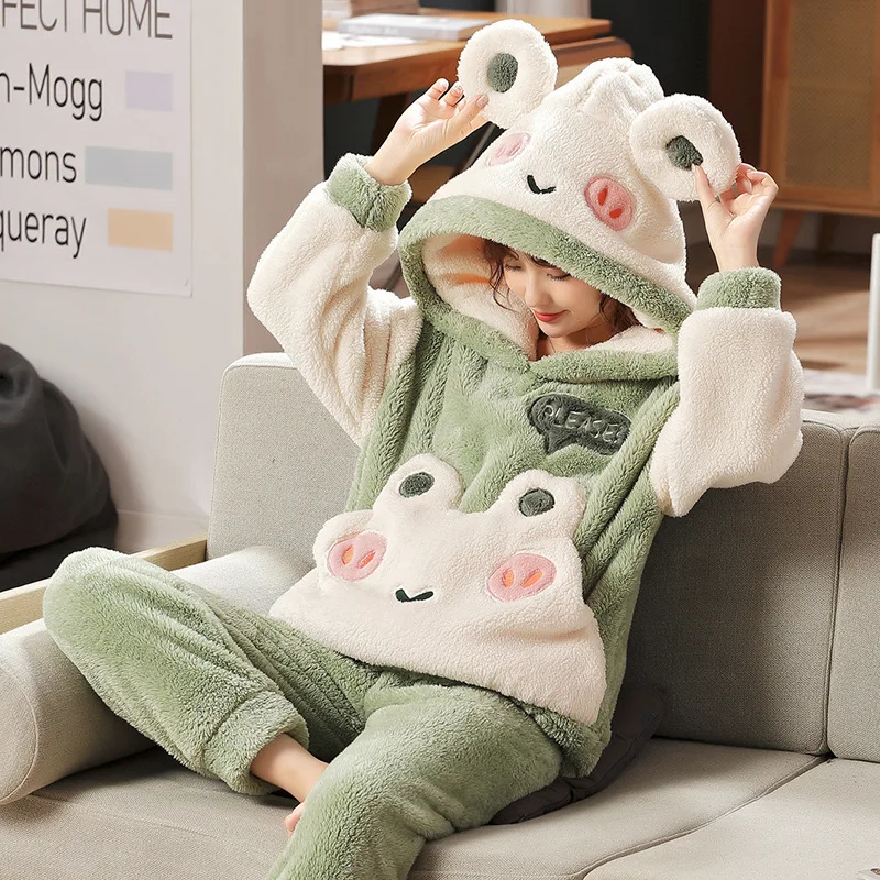 2 Piece Pajama Set Women Winter Autumn Winter Long Sleeved Hooded Cartoon Plus Velvet Padded Home Service Cute Korean Pajamas