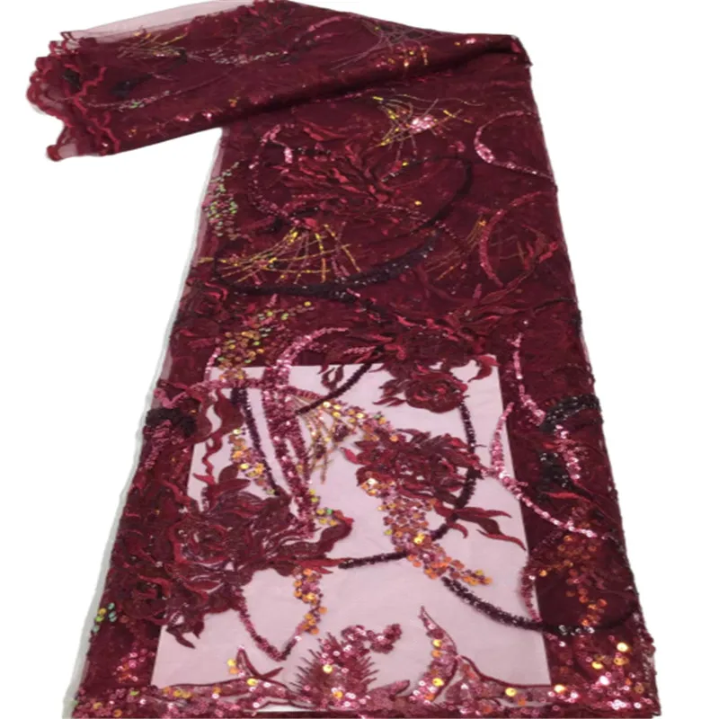 

Новинка 2021, французское Тюлевое кружево в нигерийском стиле, африканская сетка с блестками, кружевная ткань высокого качества для свадебного платья, 5 ярдов, винно-красного цвета