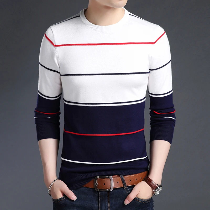 

Мужской приталенный пуловер, трикотажный шерстяной джемпер в полоску, корейский стиль, повседневная одежда для осени, 2021