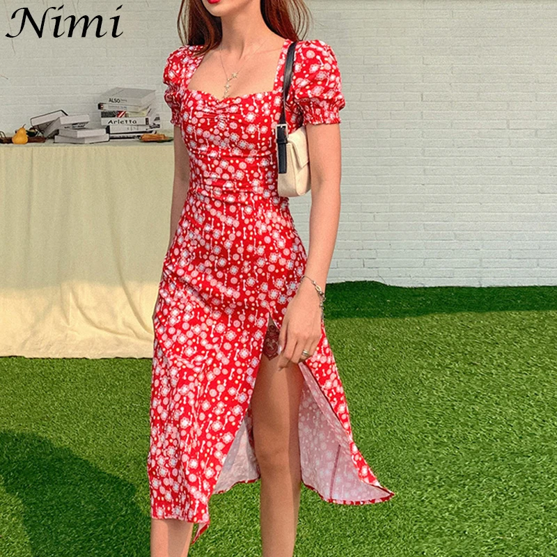 

2021 Summer Women Sweet Little Fresh Puff Sleeve Square Neck Split Hip Mid-length Casual Wear Printing High Waist Robe Dress
