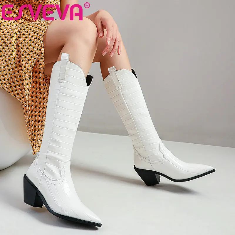 

ESVEVA 2021 PU Leather Mid Calf Boot Women Boots Winter Women Shoes Pointed Toe Square High Heel Classic Zipper Boots Size 34-43