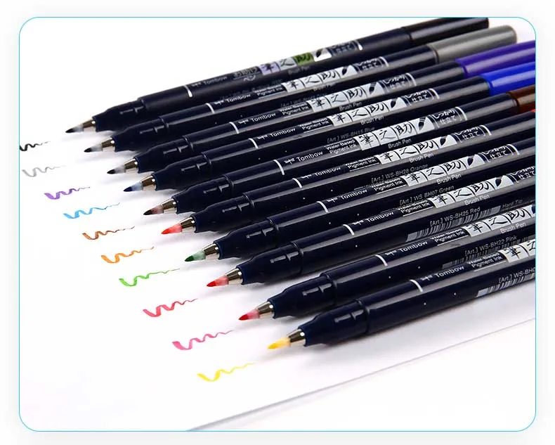 Tombow Fudenosuke Fude Brush Felt Tip Pen Set Art Marker 10 Colors Drawing Calligraphy Sketch Notes Hand Lettering Doodling Pens