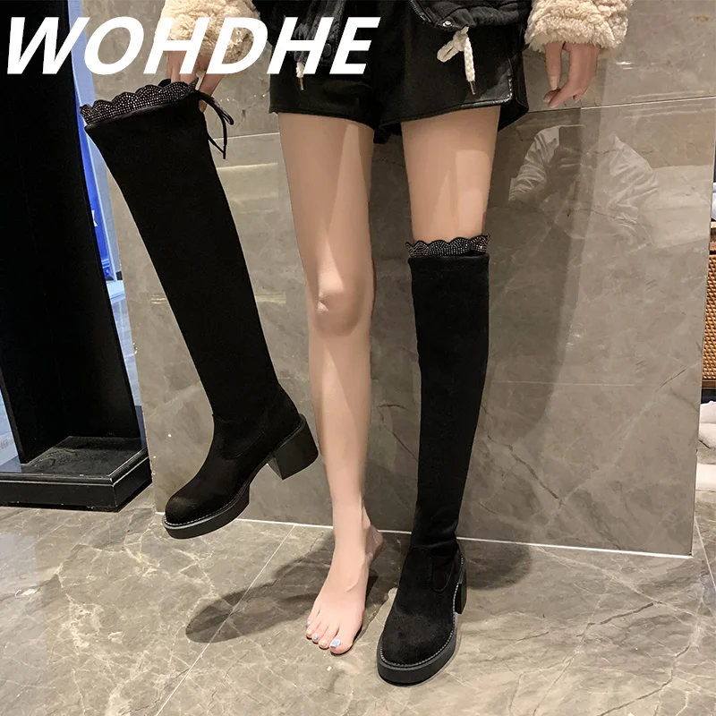 

WOHDHE Modern Boot Women Round Toe Over Knee High Boot Platform Zip Solid Med Square Heel Long Boots PU Leather Concise Female