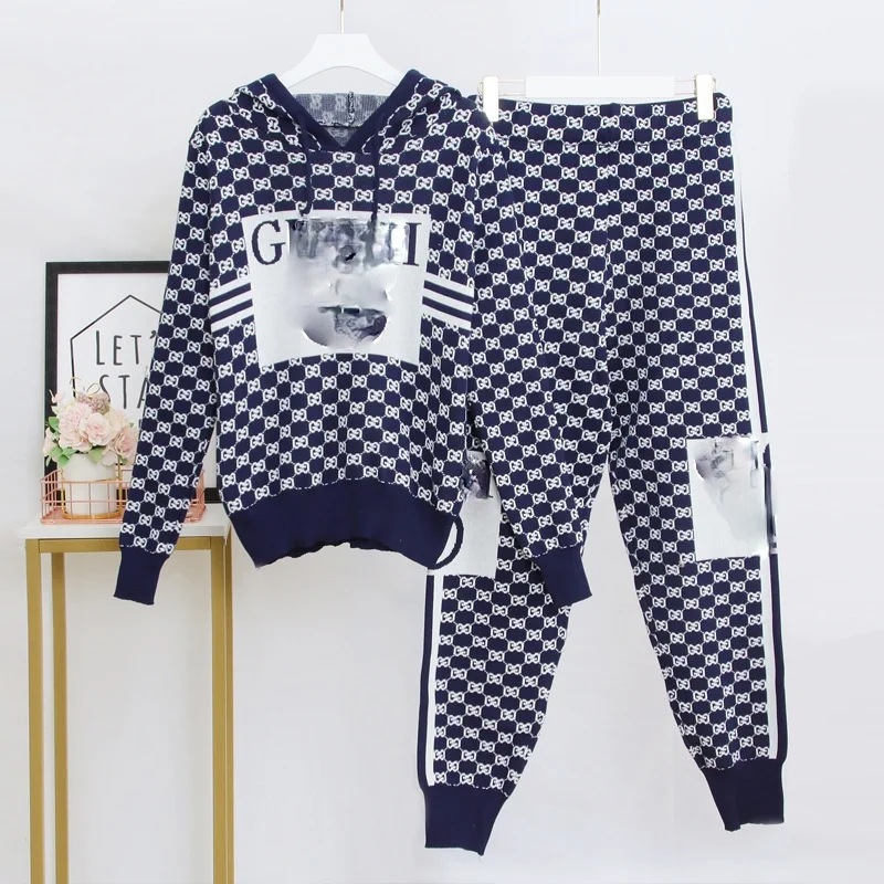 

2021 Autumn New Casual Fashion Women's Hooded Knitted Suit Western Style Two-piece Suit