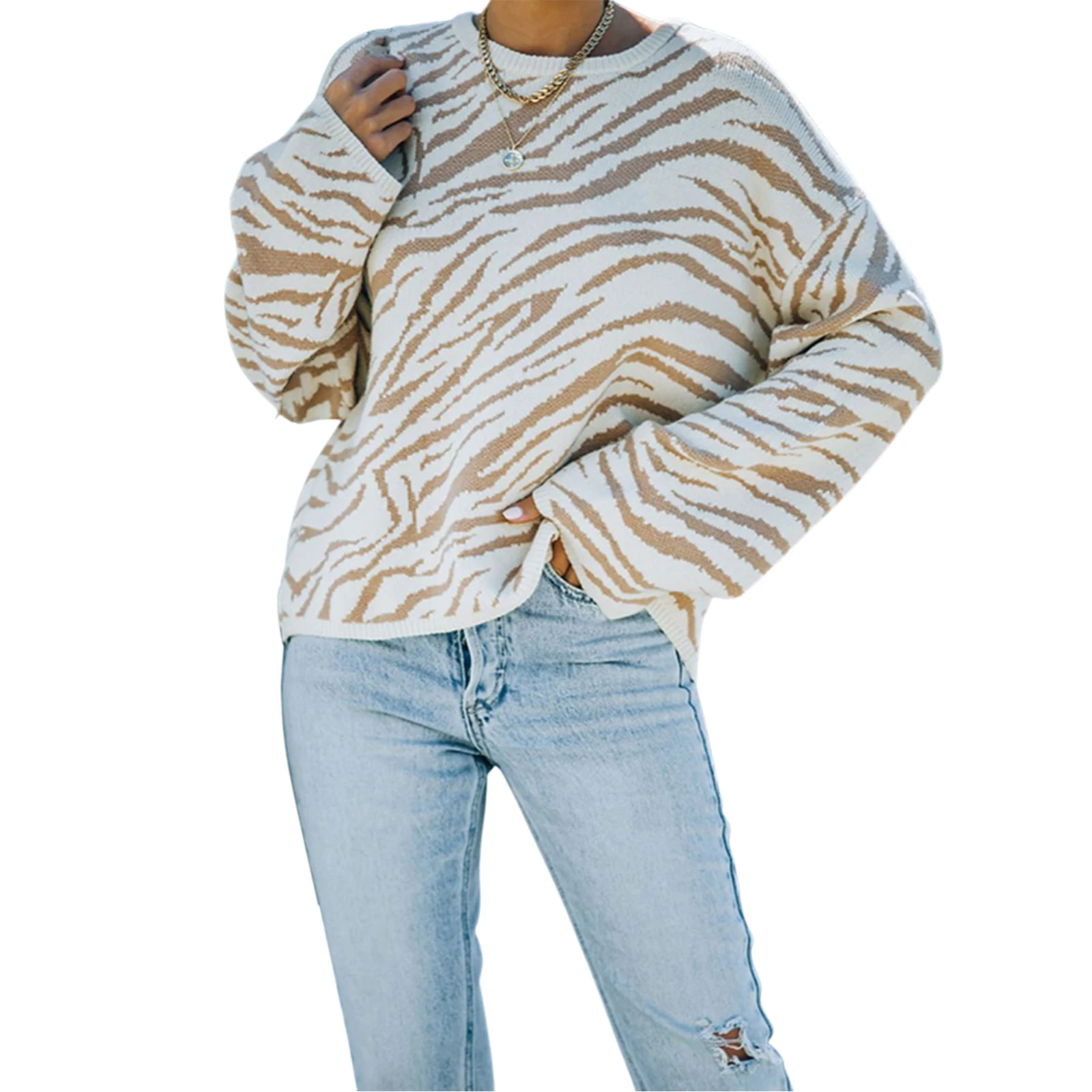 

Hirigin 2021 Adults Irregular Zebra-stripe Print Long Sleeve Round Neck Knitwear Streetwear Women Autumn Casual Sweater