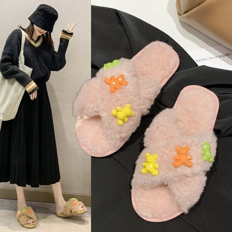 Плюшевые тапочки с мультяшным принтом модные украшения медведем Нескользящие