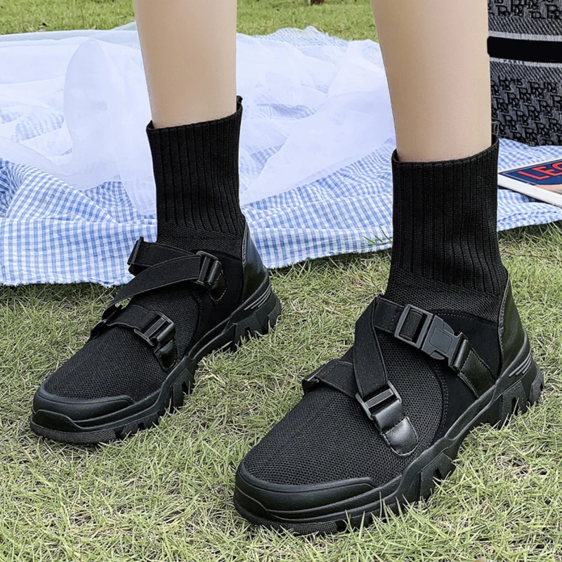 

Rimocy 2021 Autumn Women Knitted Sock Boots Black Mesh Buckle Platform Ankle Boots Woman Thick Bottom Slip on Booties Mujer