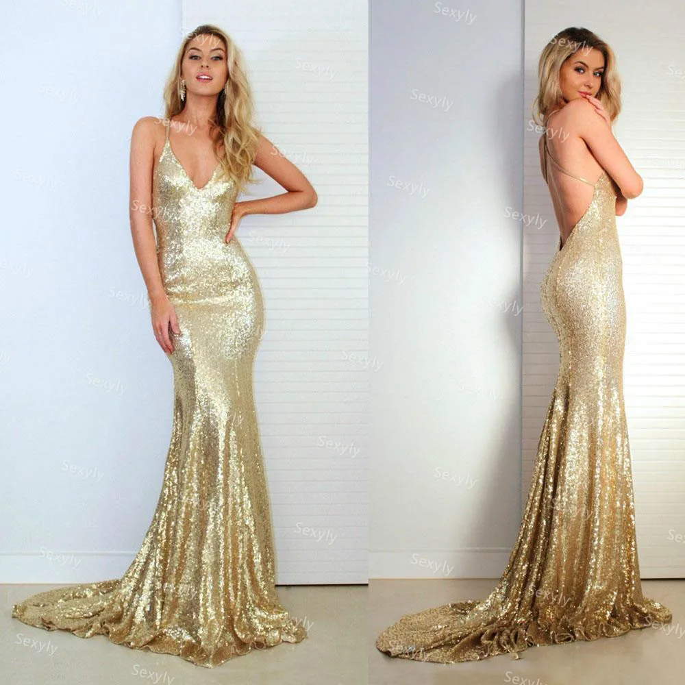 

Elegant Gold Sequin Mermaid Evening Dress Sexy Deep V Neck Backless Formal Prom Dresses 2021 Long Party Gowns Robes De Soirée