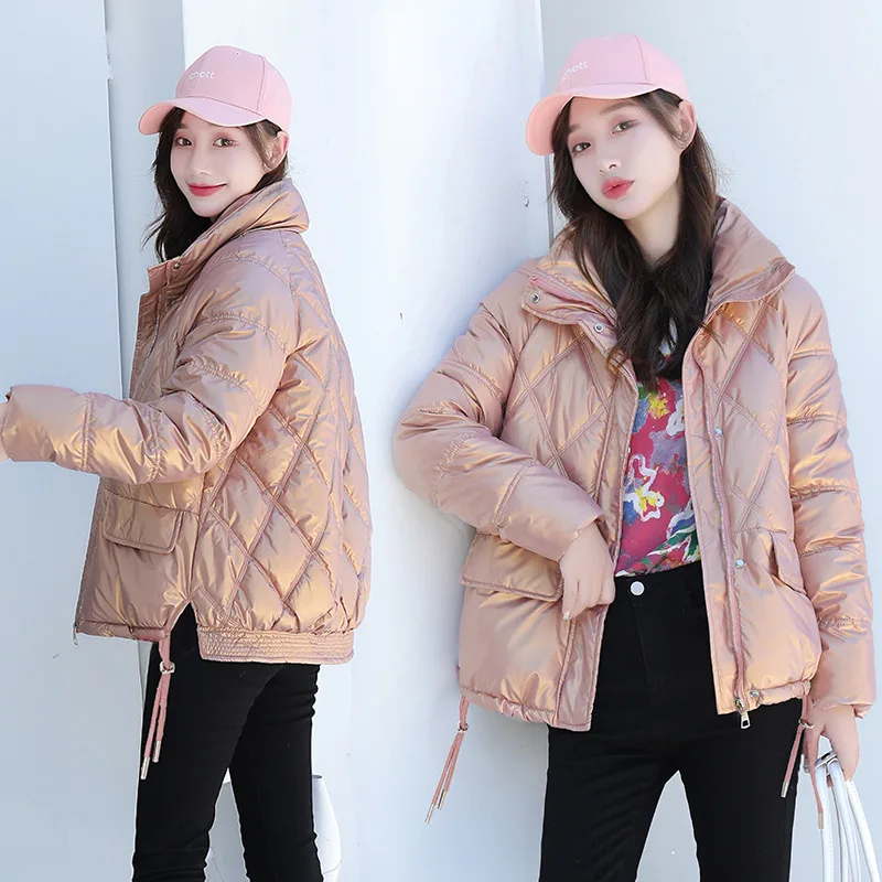 2021 Winter Fashion Outwear Casual Loose Rhombus Pattern Stand Collar Parkas Zipper Warm Elegant Solid Female High Quality Coat