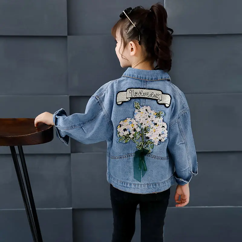 

2021 Spring Autumn Kids Denim Jackets for Girls Baby Flower Embroidery Coats Fashion Child Kids Outwear Ripped Jeans Jackets W84
