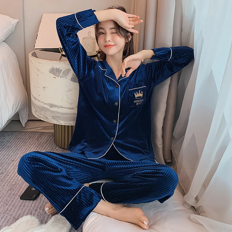 

SLPBELY Women Velvet Pajamas Set Winter Long Sleeve Stripe Trousers Casual Girls Warm Loungewear Nightwear Homewear Sleepwears