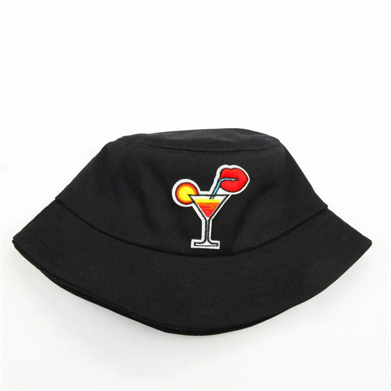 

2021 Cartoon Cocktail Embroidery Cotton Bucket Hat Fisherman Hat Outdoor Travel Sun Cap Hats for Men and Women 292