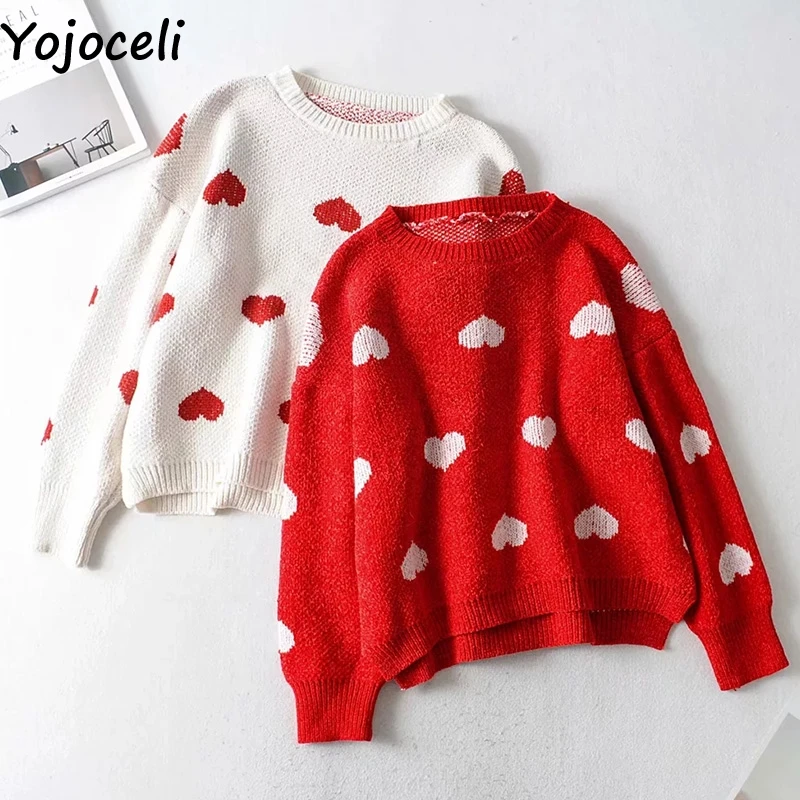 Yojoceli Sexy heart knitted sweater women Autumn winter warm jumper female Casual cute knitting pullover top | Женская одежда