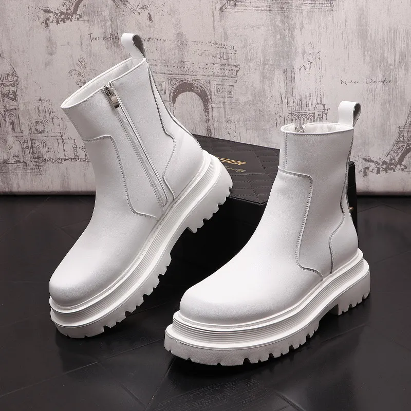 

Trending Mens White Mid Calf Boots Fashion Height Increasing Zip Platform Male Round Toe Street British Botas Size 38-43 ERRFC