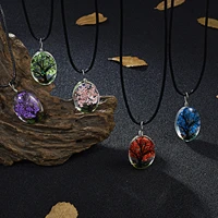 retro jewelry real dried flower necklace tree butterfly oval glass ball pendant necklace black leather rope necklace for women