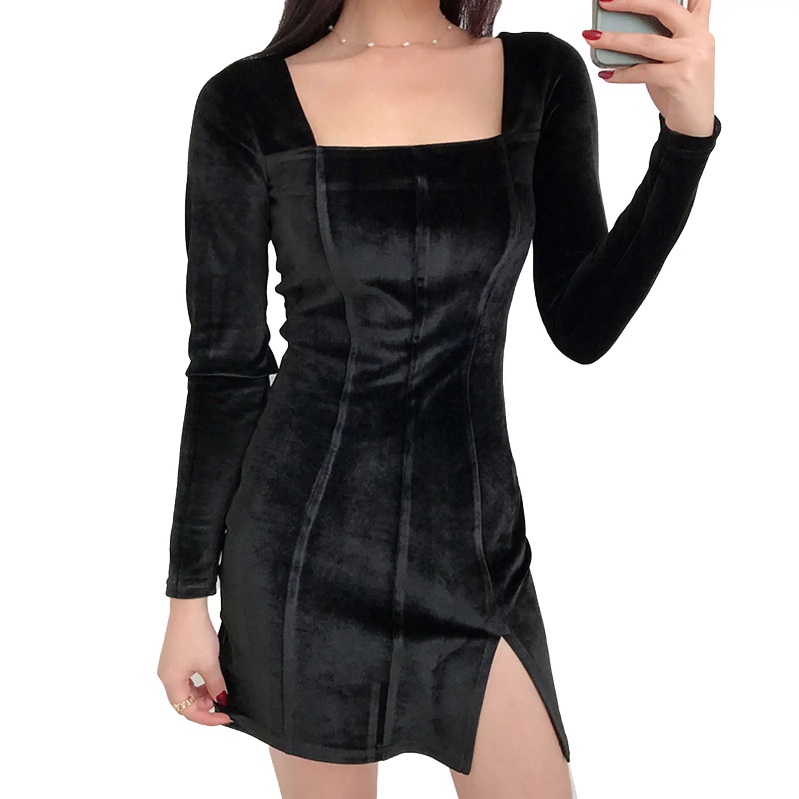 

Sexy Square Neck Velvet Bodycon Black Dress Grunge Women E Girl Long Sleeve Spring Autumn Side Split Elegant Party Mini Dresses