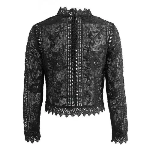 

Women Clothes Lace Floral Hollow Out Long Sleeve Casual Loose Blouses Round Neck Transparent Ladies Shirts