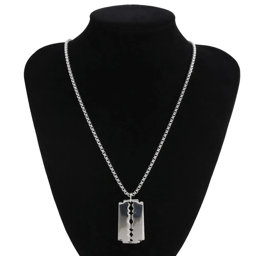 

IngeSight.Z High Quality Stainless Steel Razor Blades Shaped Pendant Necklaces Men Silver Color Rope Chain Long Necklace Jewelry
