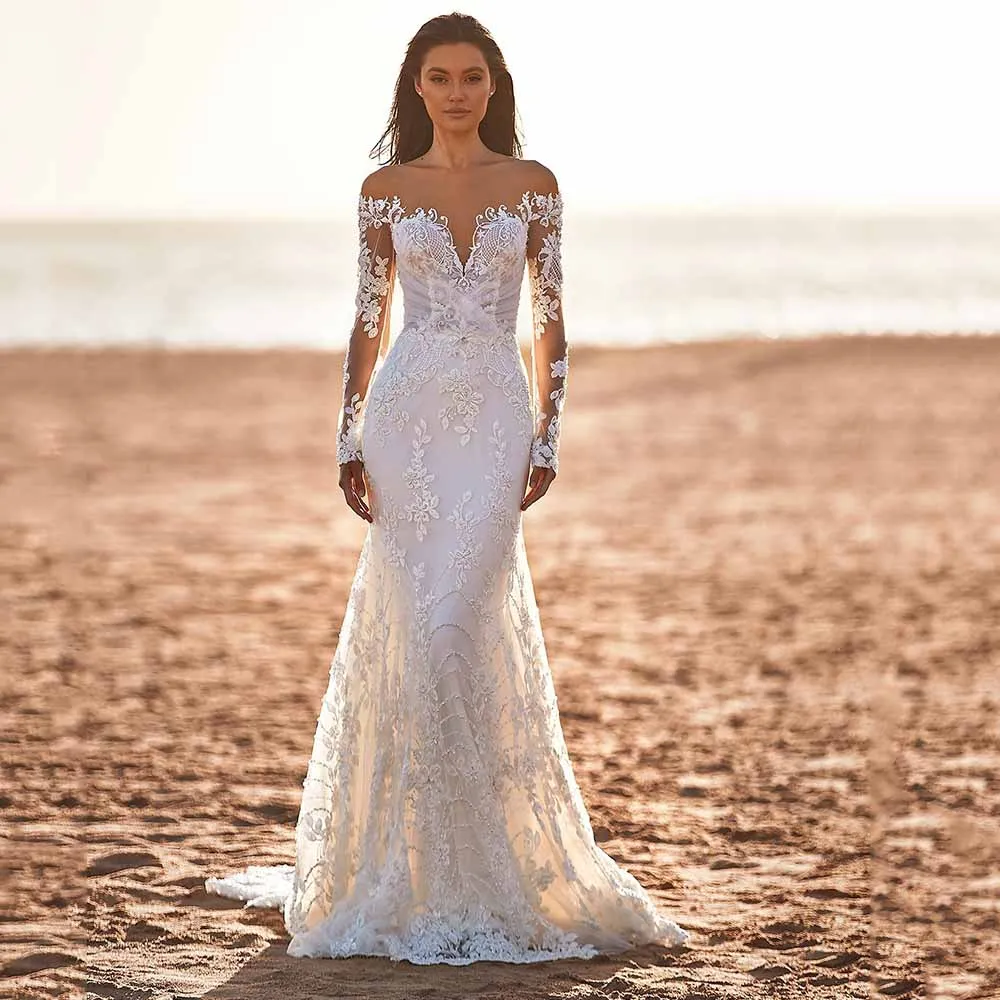 

Boho Long Sleeve Mermaid Wedding Dress Bohemian Bridal Gown For Woman Sheer Neck Applique Elegant Vestido De Novia 2022 Beach