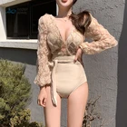 Женский купальник 2021 года, новый корейский кружевной цельный сексуальный купальник с длинными рукавами, собранный, закрытый живот, облегающий, купальник для весны