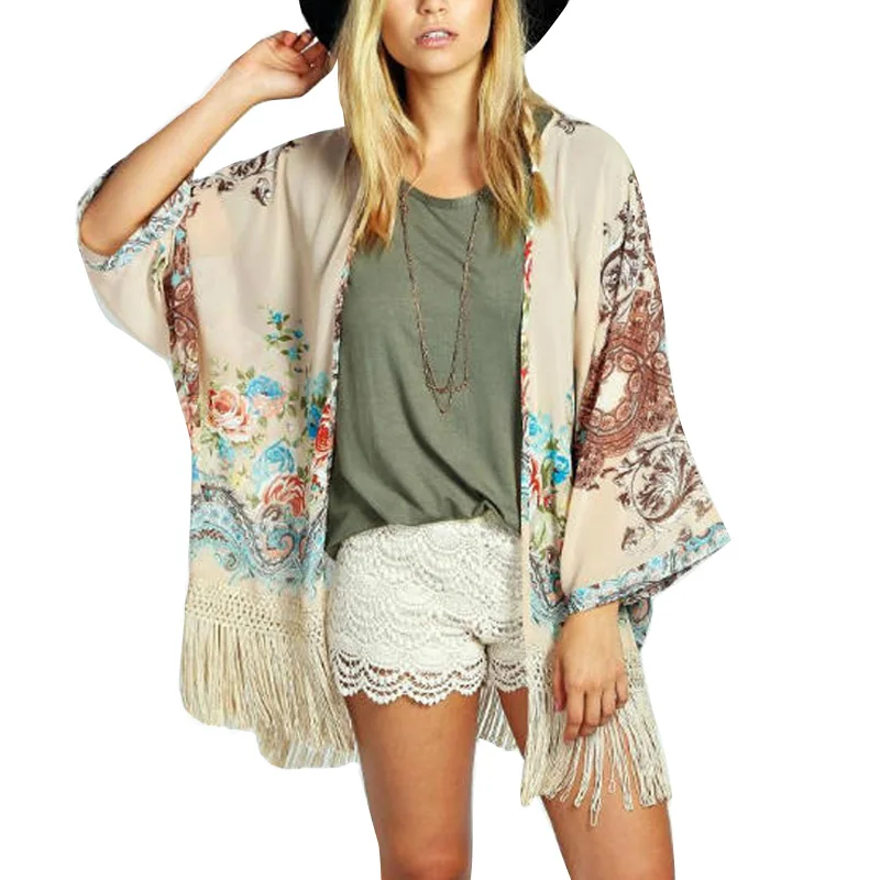 Винтаж для женщин цветочный принт кимоно кардиган этнический стиль рукав