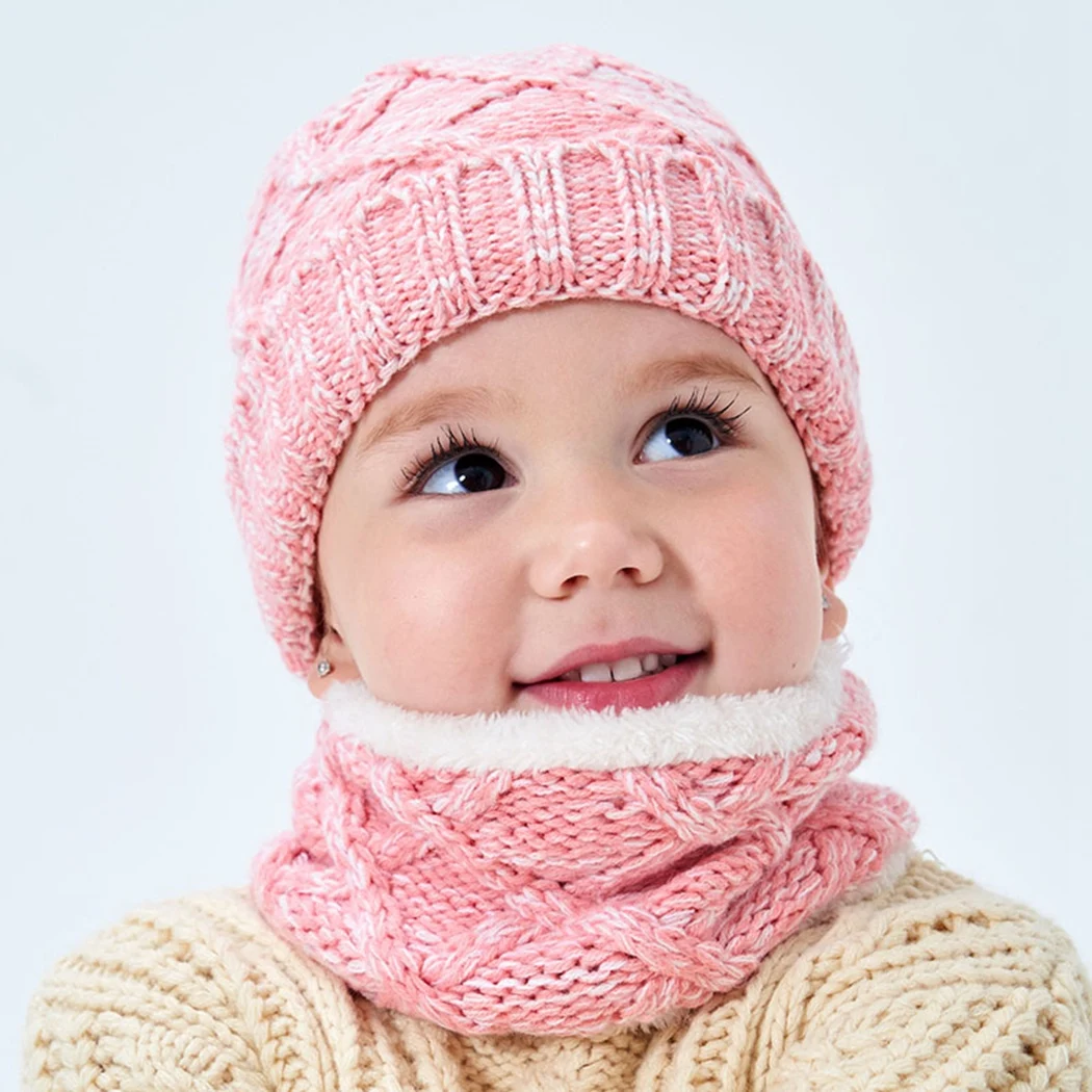 Теплые флисовые Вязанные Трикотажные Шапочки Snood комплект зимняя уличная детская шапка шарф Детские шапки Скалли Лыжные шапки для мальчиков и девочек