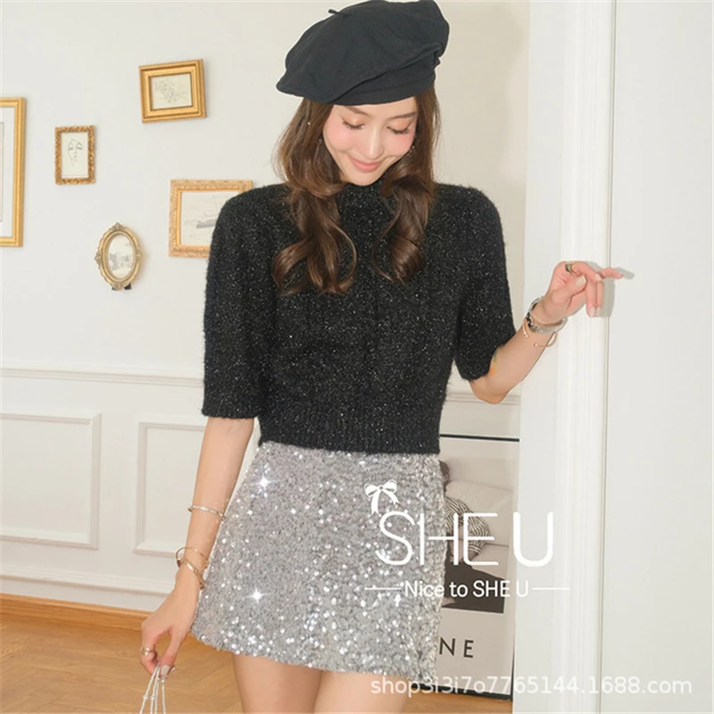 

Женская пикантная модная короткая юбка с высокой талией и блестками, универсальная юбка-трапеция средней длины, юбка-трапеция, осень 2021