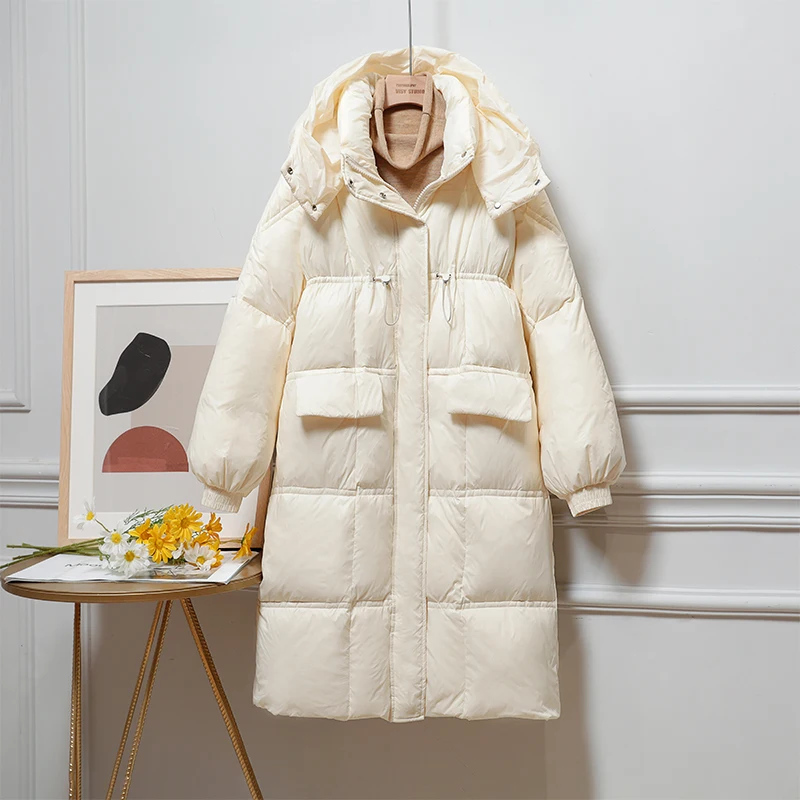 

FMFSSOM 2020 New Winter 90% White Duck Down Women Hooded Thickness Warm Long Down Coat Stand Collar Loose Female Parkas Outwear