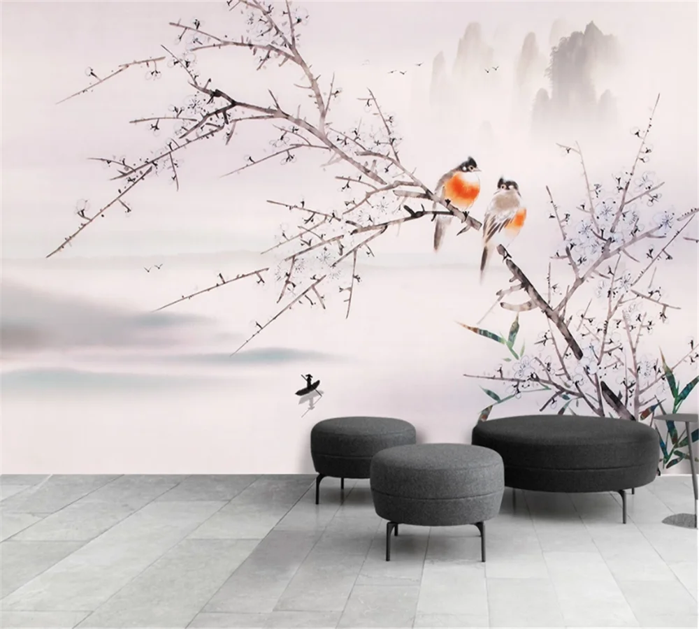 

beibehang Customized wallpaper new Chinese style Xishang plum blossom flowers and birds Chinese painting background wall