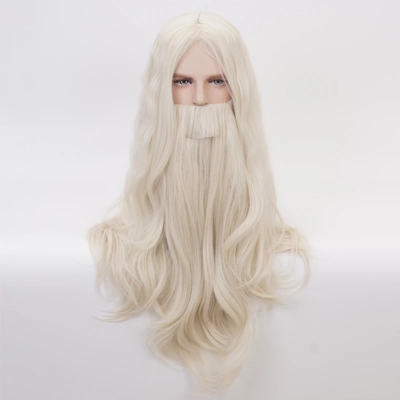 Dumbledore Wig with beard Gandalf Role Play blonde long Curly Synthetic Hair Halloween Cosplay + wig cap