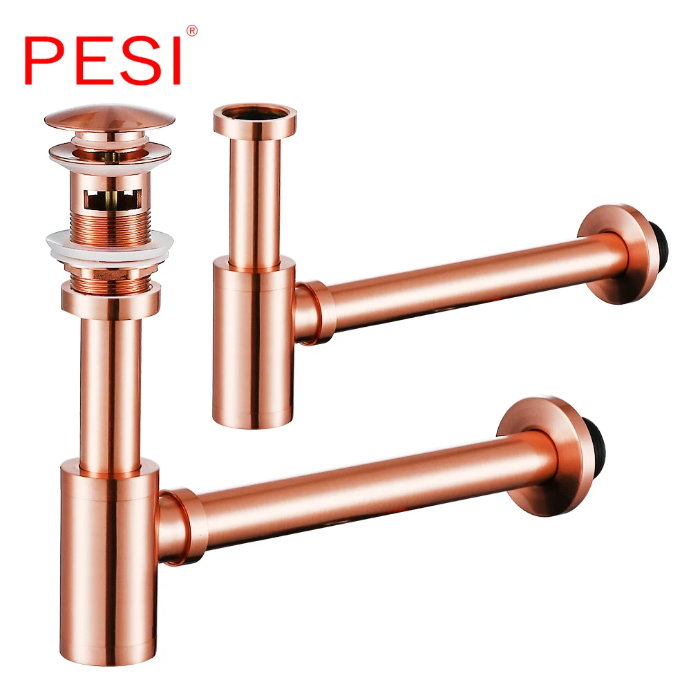 Basin Bottle Trap Brass Bathroom Sink Siphon Drains with Pop Up Drain Brushed Rose Gold P-TRAP Pipe Waste.