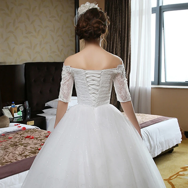 

Half Sleeves Wedding Dress Boat Neck Elegant Crystal Floor-Length Simple Tulle Lace Up Plus Size Wedding Gowns For Women G138