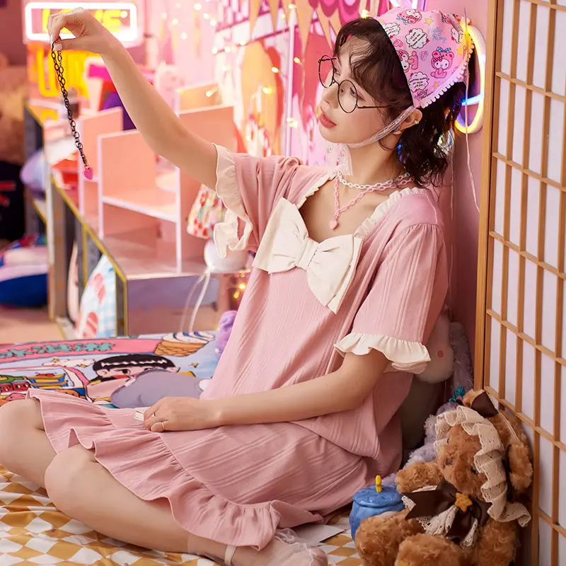 Women's Nightdress Summer Thin Short-sleeved Princess Wind Cute Sweet Student Pajamas Spring and Autumn Loose Home Service