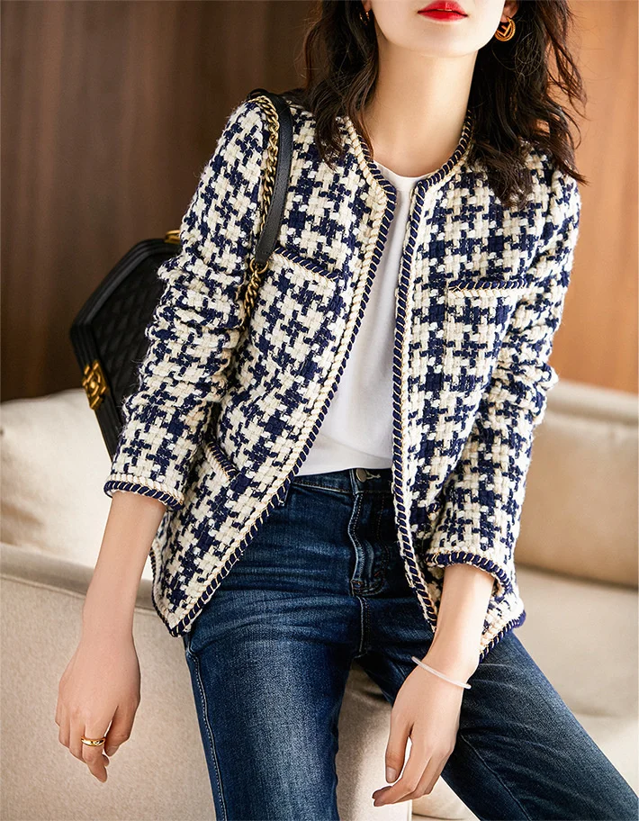 

Autumn and winter 2020 new small fragrance coat women's high quality French thousand bird check short coat round neck tweed