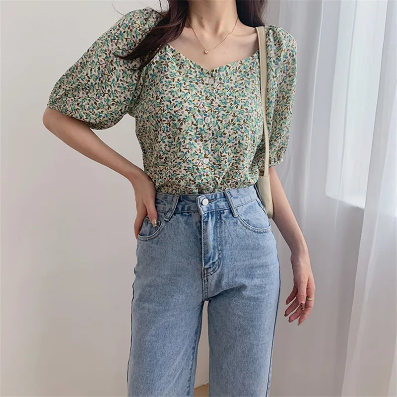 

Женская шифоновая блузка с квадратным вырезом, элегантная повседневная рубашка с рукавами-фонариками и цветочным принтом для офиса, лето ...