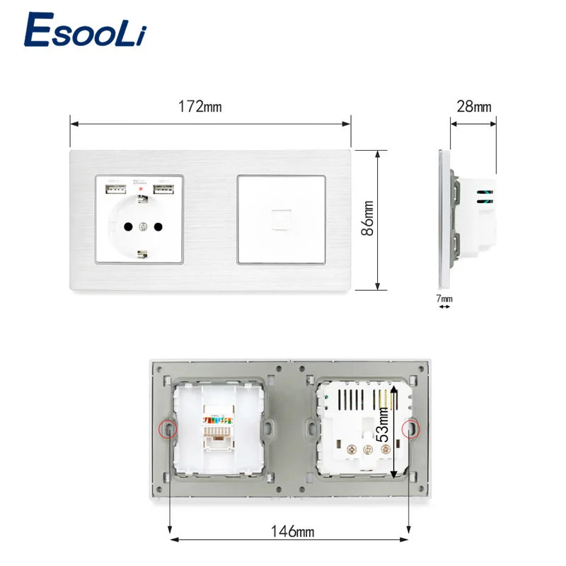 Панельная розетка Esooli с двумя USB портами европейский стандарт соединитель RJ45 для