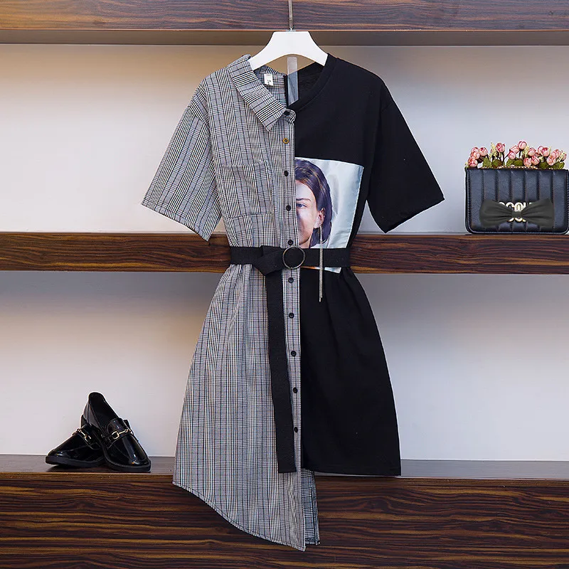 Женское платье-рубашка с поясом платье асимметричным воротником в стиле пэчворк