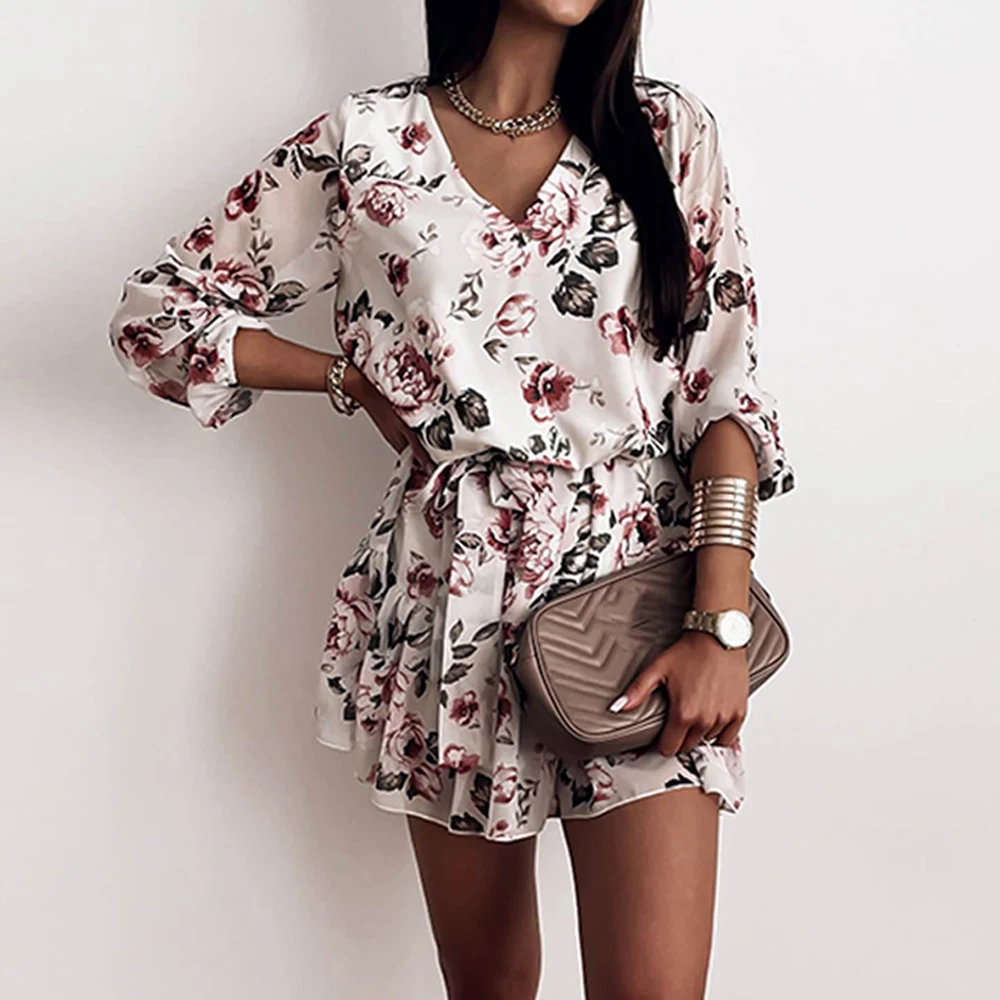 

Flower Print Pleated Dress 2021 Casual Long Sleeve Sexy V Neck Thin Boho Women's Autumn Mini Dress Lady Lace Up A Line Dresses