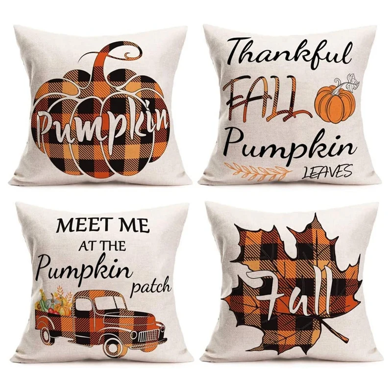 

Fall Decorative Pillow Covers Farm Fresh Orange Plaids Outdoor Fall Pillows Cotton Linen Harvest Throw Pillow Case