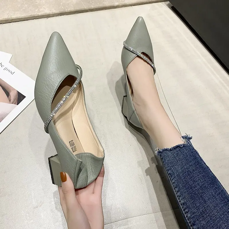 

All-match new pointed square heel shallow mouth set foot ladies single shoes rhinestone small leather shoes high heels X725