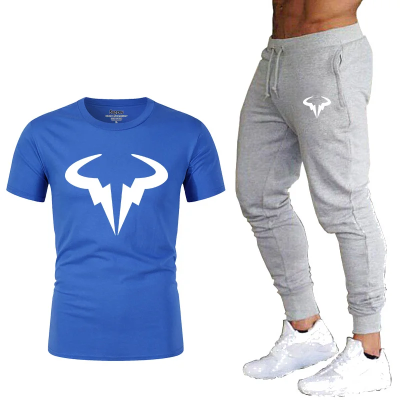 

2021 summer fashion casual brand sportswear lightning print suit men jogging suit fitness suit men's T-shirt + pants 2-piece set