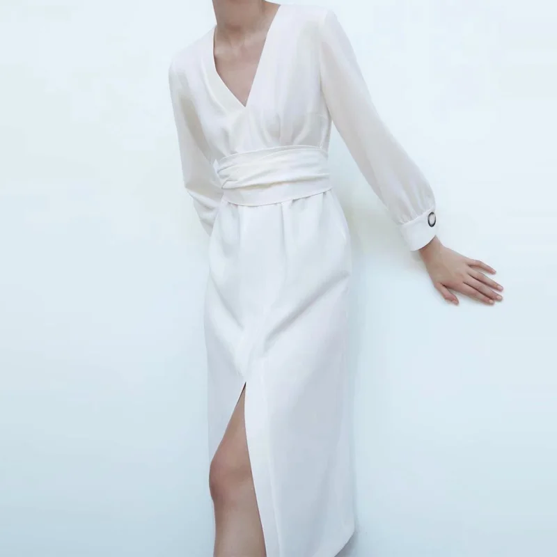 Женское платье с длинным рукавом KUMSVAG белое элегантное облегающее средней длины V