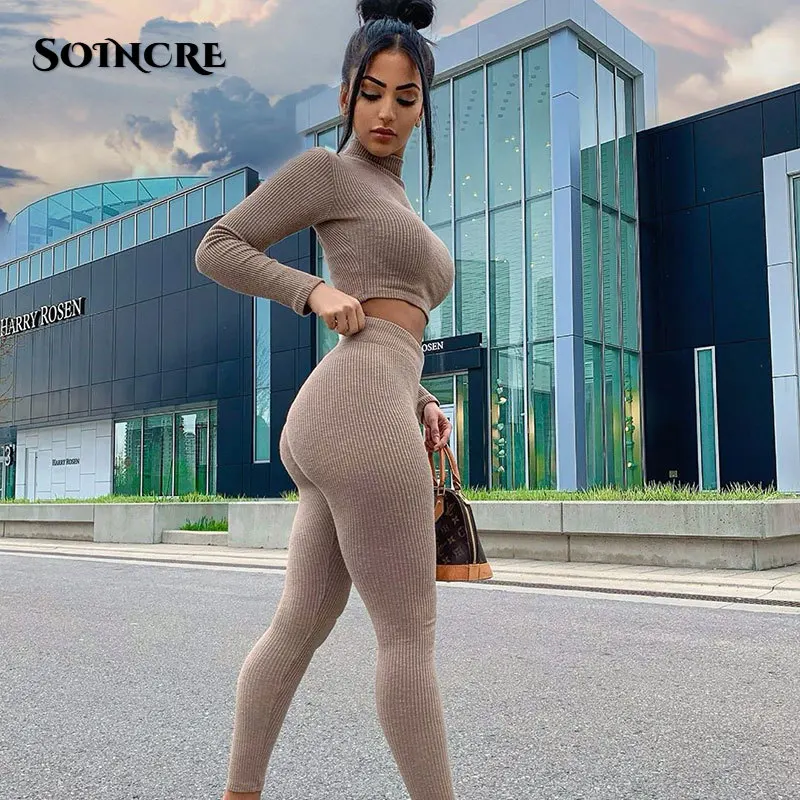 

Fashion Knit Rib Yoga Sets Women’s 2 Piece Autumn Sports Suits Long Sleeve Mock Neck Crop Top+Skinny Leggings Fitness Workout