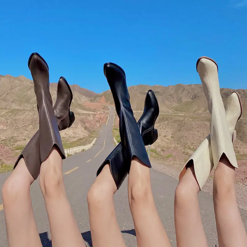 

Тонкие рыцарские сапоги, женские осенне-зимние сапоги 2021, высокие ковбойские сапоги с острым носком на толстом каблуке в западном стиле
