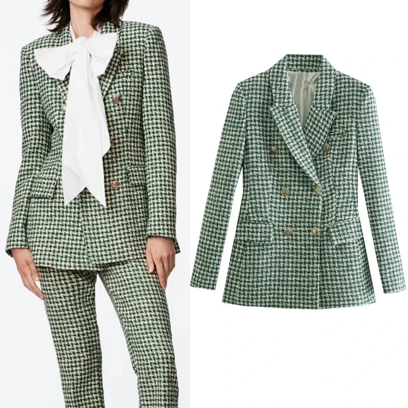 

TRAF Za Houndstooth Green Blazer Women Vintage Tweed Blazer Set Double Breasted Long Sleeve Jacket Woman Elegant Autumn Jacket