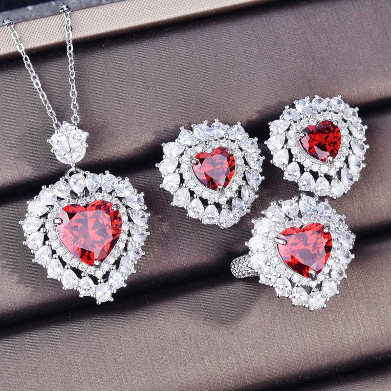 

Luxury Romantic Heart Jewelry Set Inlay AAA Zircon Women's Wedding Party Eternity Ring Unusual Earrings Necklace For Couple Gift