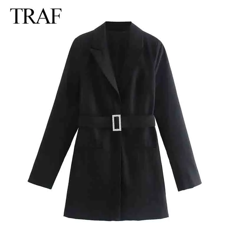 

TRAF ZA Women's Dress Autumn Fashion Black Notched Sashes Elegant Blazer Dresses Long Sleeve Office Lady Button-Up Mini Dress