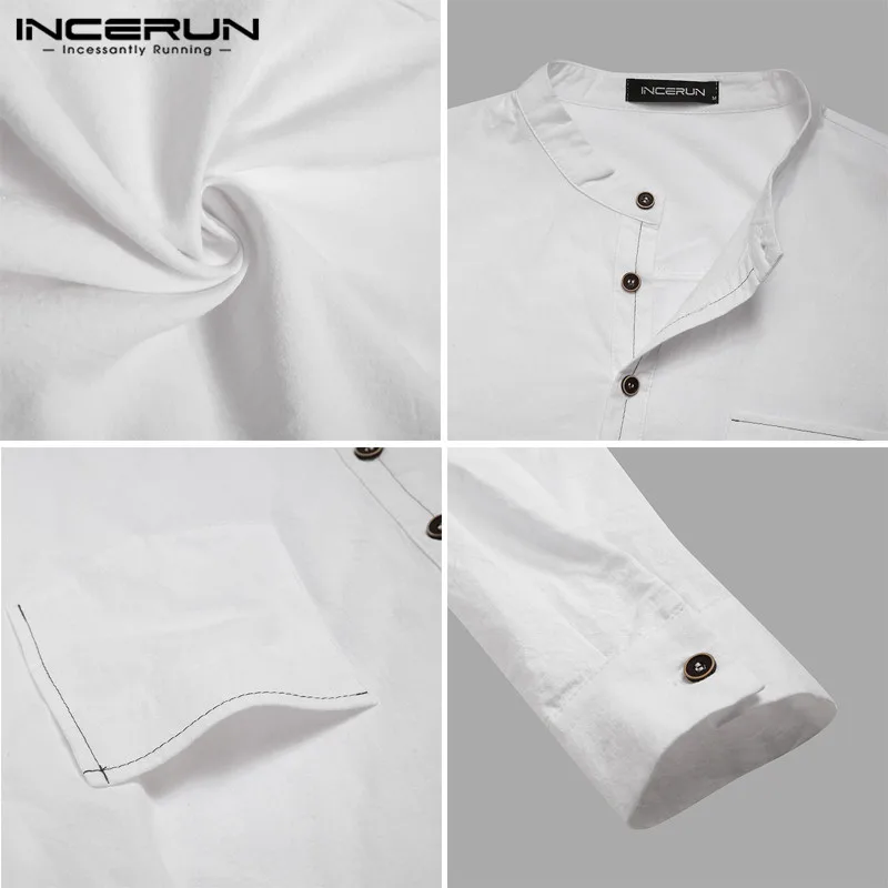 incerun mens casual shirt cotton solid color long sleeve blouse chic stand collar fashion handsome tops 2021 streetwear camisas free global shipping