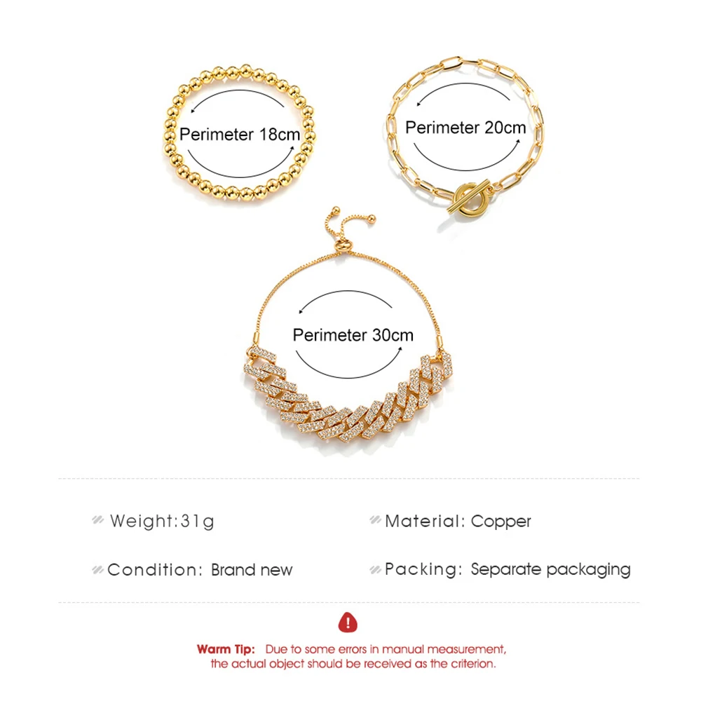 

3PCS/SET Metal Beads Chains Bracelet Bangle for Women Hip Hop Punk Full Crystal Chain Bracelets Set Hand Jewelry
